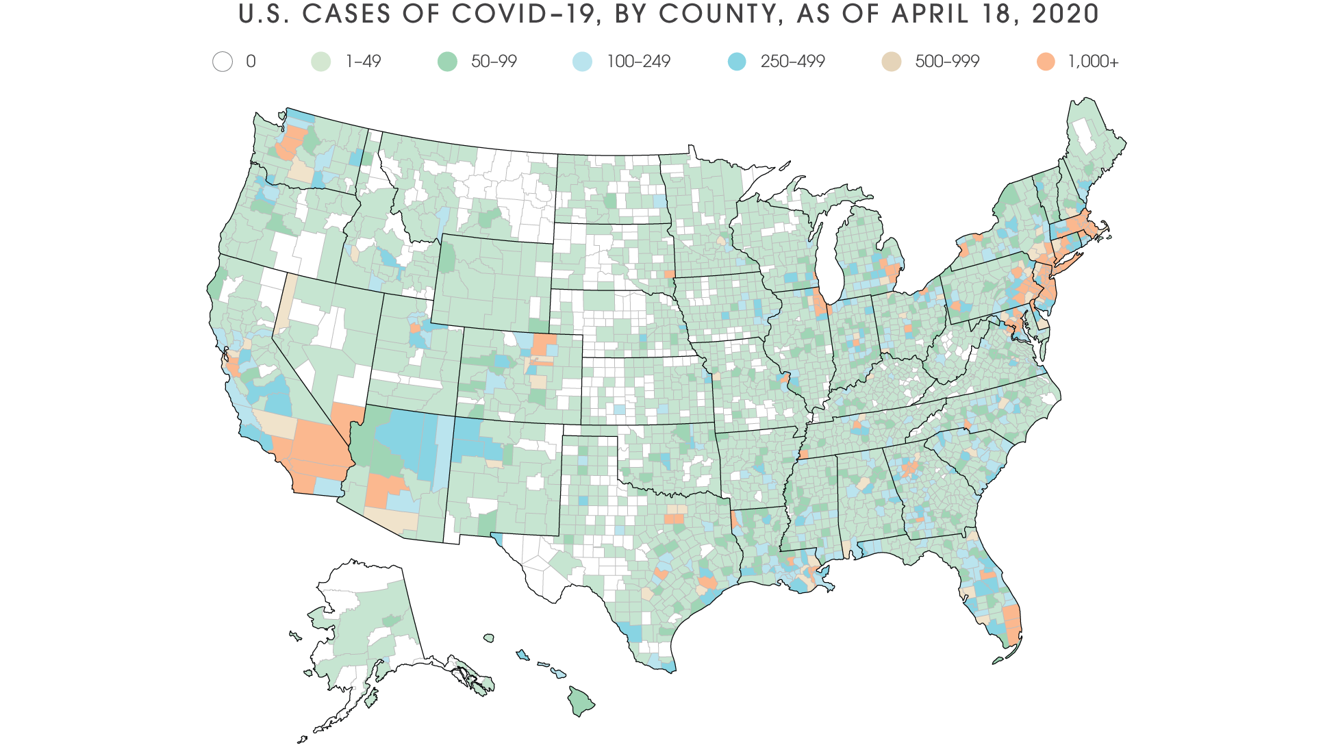 U.S. CASES OF COVID–19, BY COUNTY, AS OF APRIL 18, 2020